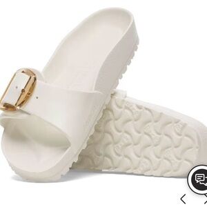 Birkenstock White Slide Sandals with Gold Buckle